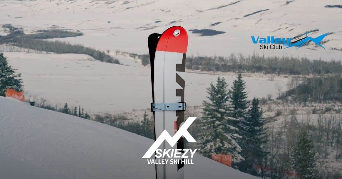 020-Valley-Ski-Hill-header Valley Ski Hill action shot with Skiezy Performance Ski Strap on skier, plus Skiezy logo and Valley Ski Hill logo in the foreground