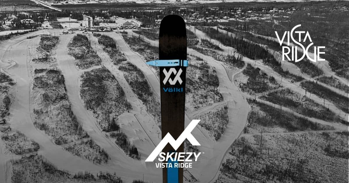Vista Ridge All Seasons Park feature image with skier using Skiezy Performance Ski Strap and visible Skiezy and resort logos