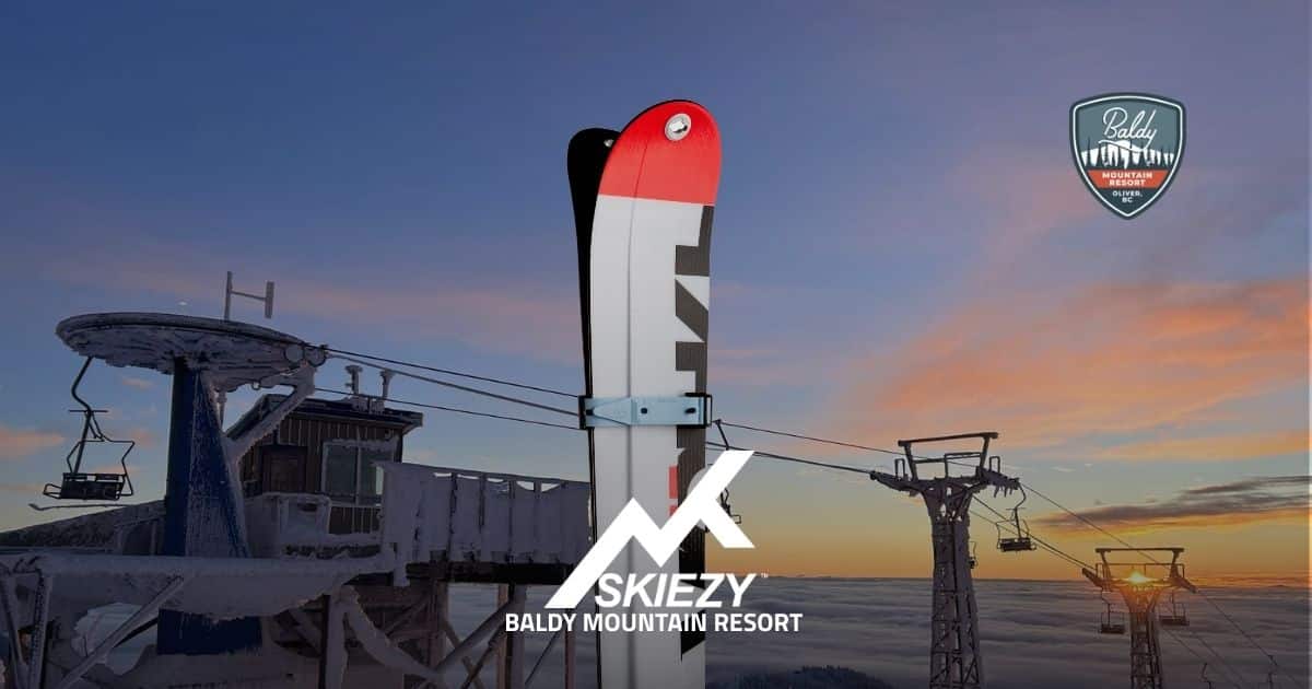 Skiing scene at Baldy Mountain Resort with Skiezy Performance Ski Strap, Skiezy logo, and Baldy resort logo layered on the image