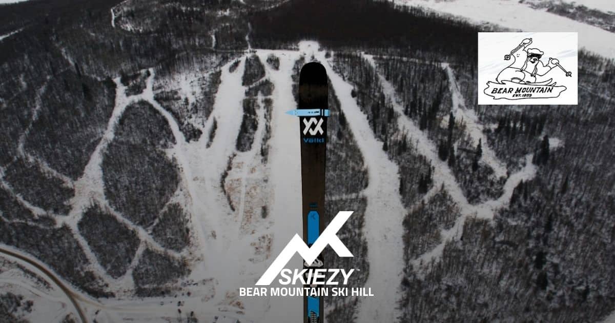 Bear Mountain Ski Hill photo of skier using Skiezy Performance Ski Strap, plus Skiezy logo and Bear Mountain logo in the design