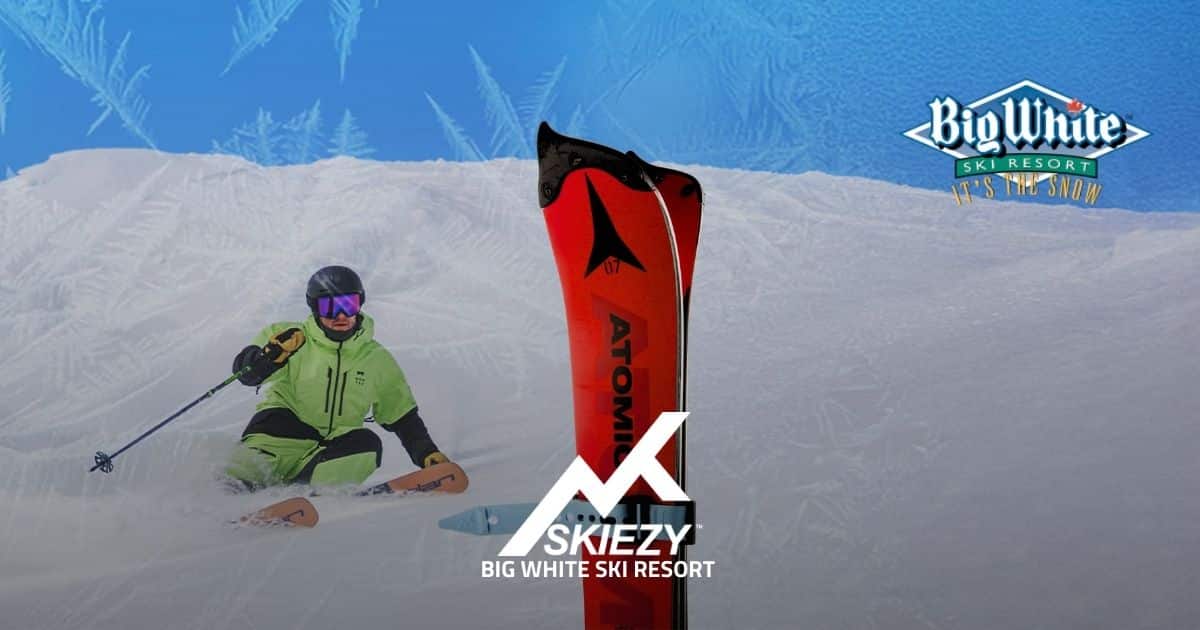 Big White Ski Resort feature image showing skier with Skiezy Performance Ski Strap, Skiezy logo, and Big White logo