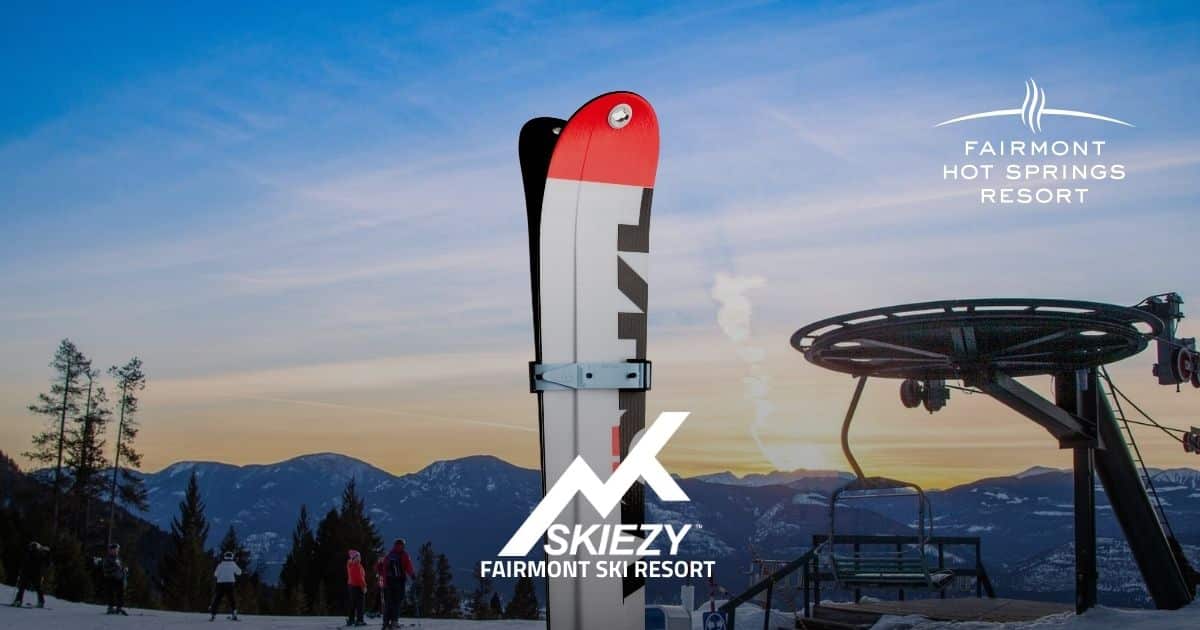 026-Fairmont-Hot-Springs-Resort-header Fairmont Hot Springs Resort skiing background with Skiezy Performance Ski Strap on skier, Skiezy logo, and resort logo visible