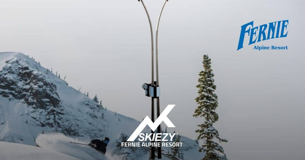 027-Fernie-Alpine-Resort-header Fernie Alpine Resort photo with skier and Skiezy Performance Ski Strap, along with Skiezy logo and Fernie resort logo layered