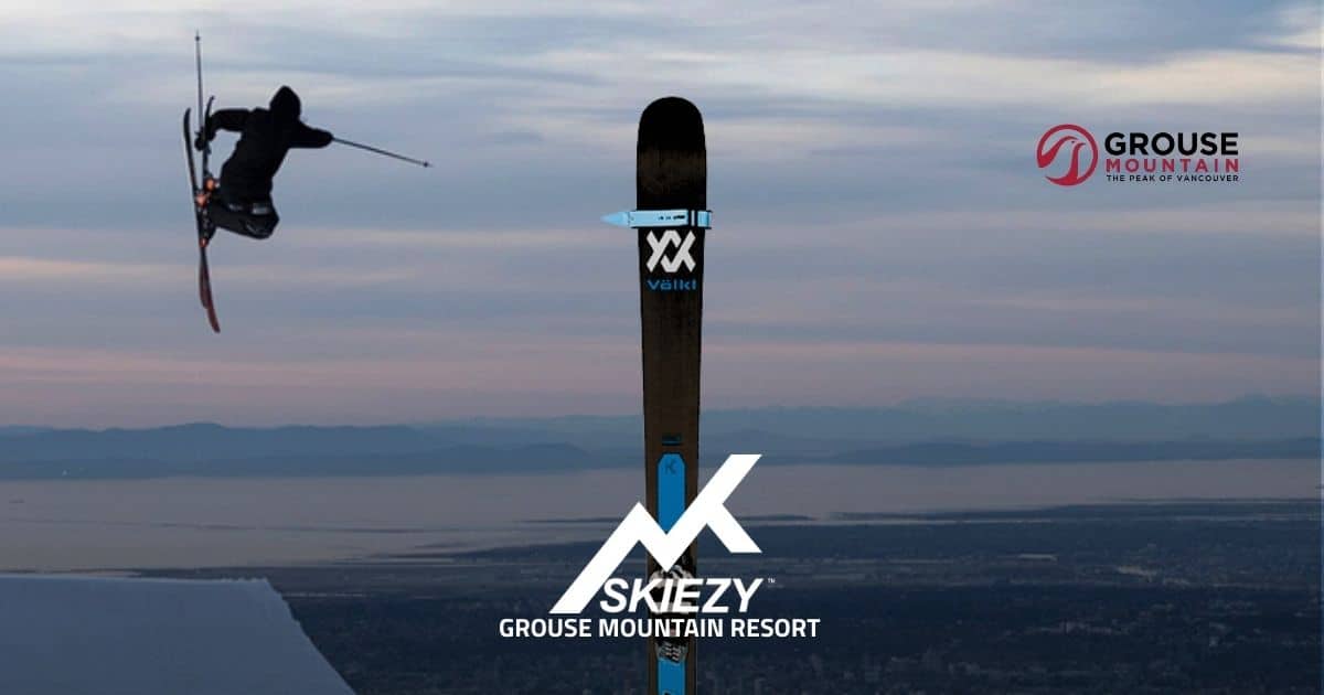 028-Grouse-Mountain-Resort-header Ski scene at Grouse Mountain Resort featuring Skiezy Performance Ski Strap, Skiezy logo, and Grouse Mountain logo included