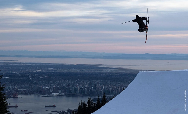 Grouse Mountain Resort winter skiing destination overlooking Vancouver, Canada.