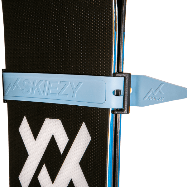 skiezy performance skis straps showing logo on a pair of skis