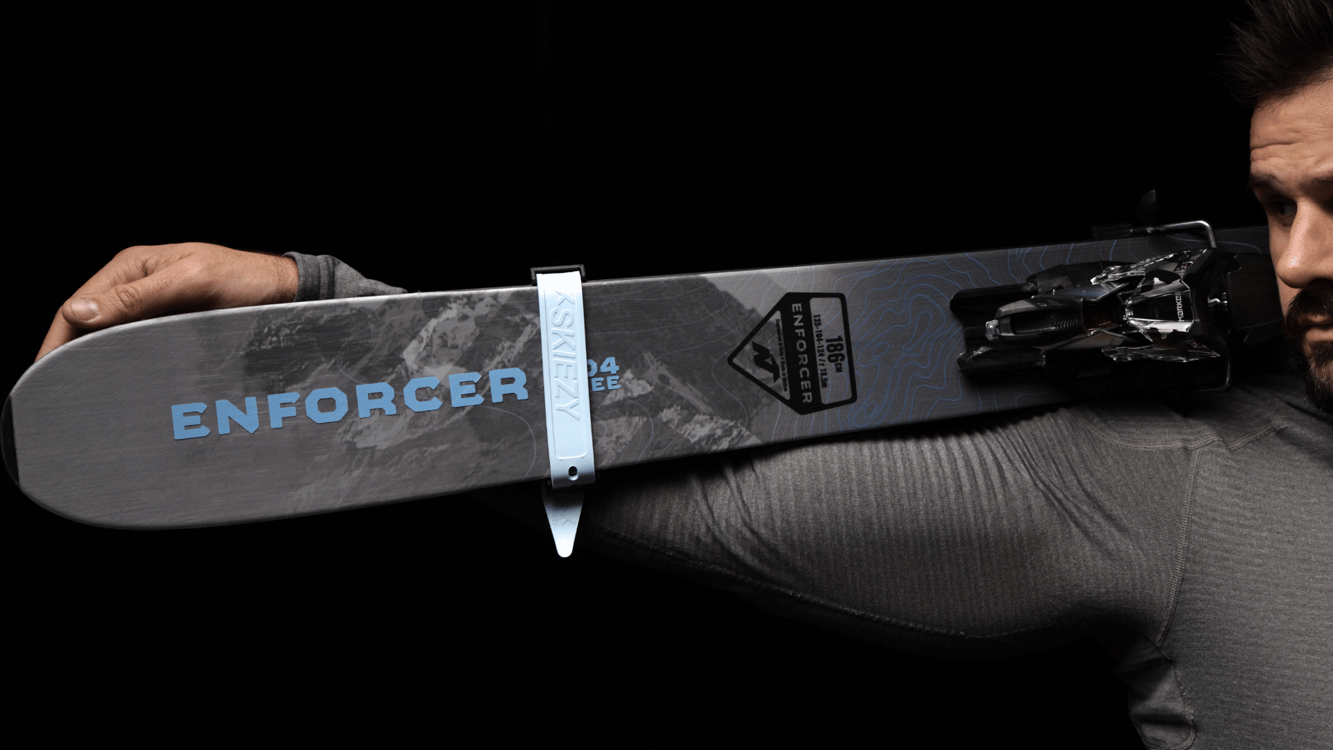 Skiezy ski carry strap graphic showing GF nylon and glass fibre integration